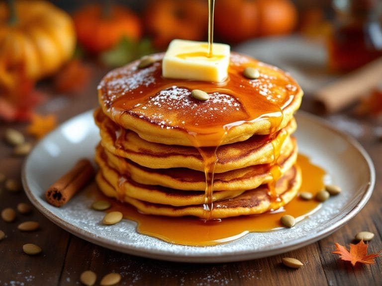 Fluffy Pumpkin Pancakes with Warm Maple Syrup