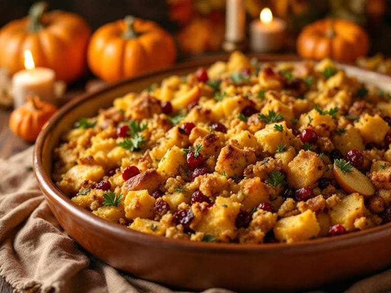 Savory Cornbread Stuffing with Apples and Cranberries