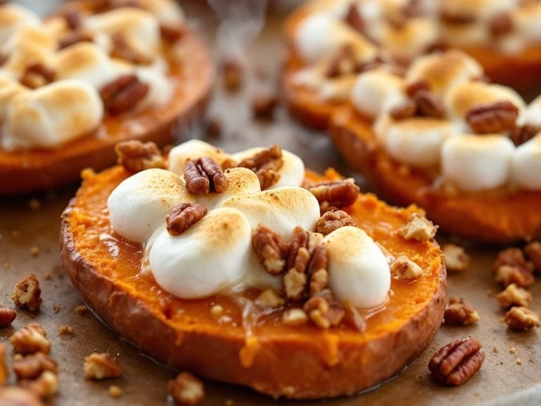 Sweet Potato Rounds with Toasted Marshmallow and Pecans