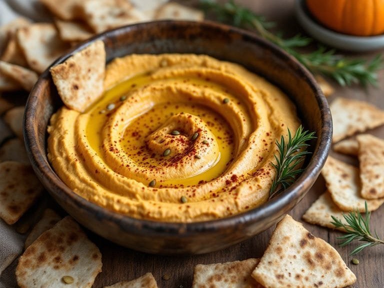 Creamy Pumpkin Hummus with Crispy Pita Chips