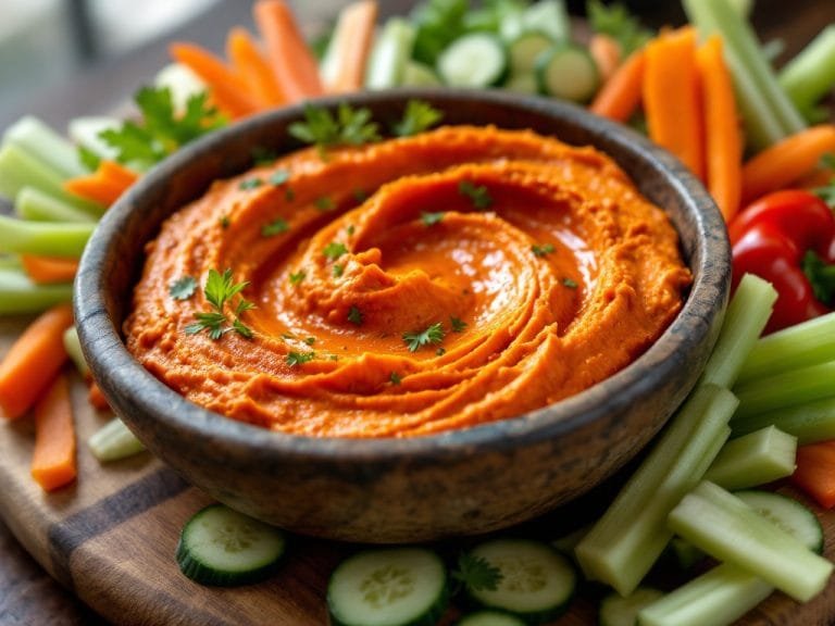 Roasted Red Pepper Hummus with Fresh Veggie Sticks for Snacks