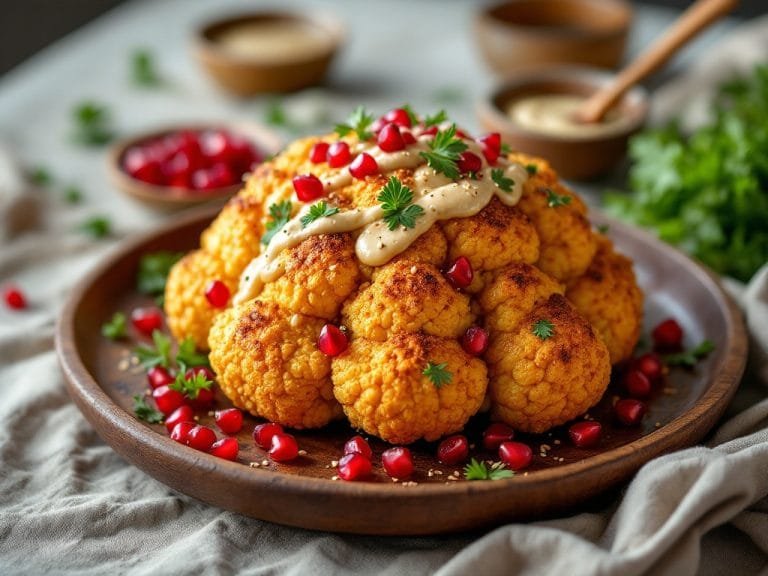 Whole Roasted Cauliflower with Pomegranate and Creamy Tahini Sauce