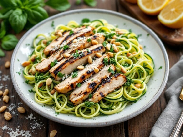 Zucchini Noodles with Pesto and Grilled Chicken