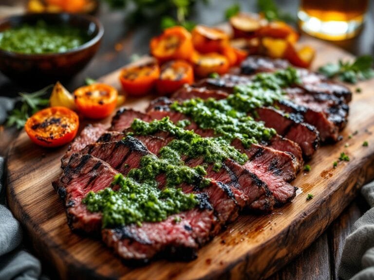 Grilled flank steak with chimichurri sauce