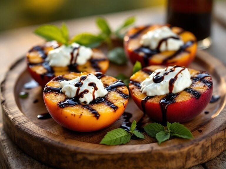 Grilled peaches with balsamic glaze and goat cheese