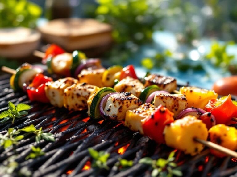 Grilled veggie and halloumi skewers