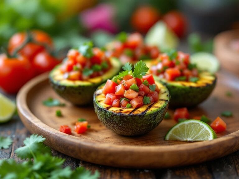 Grilled avocado halves stuffed with salsa