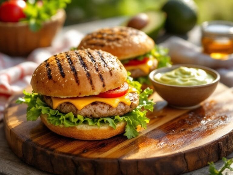Grilled turkey burgers with avocado mayo