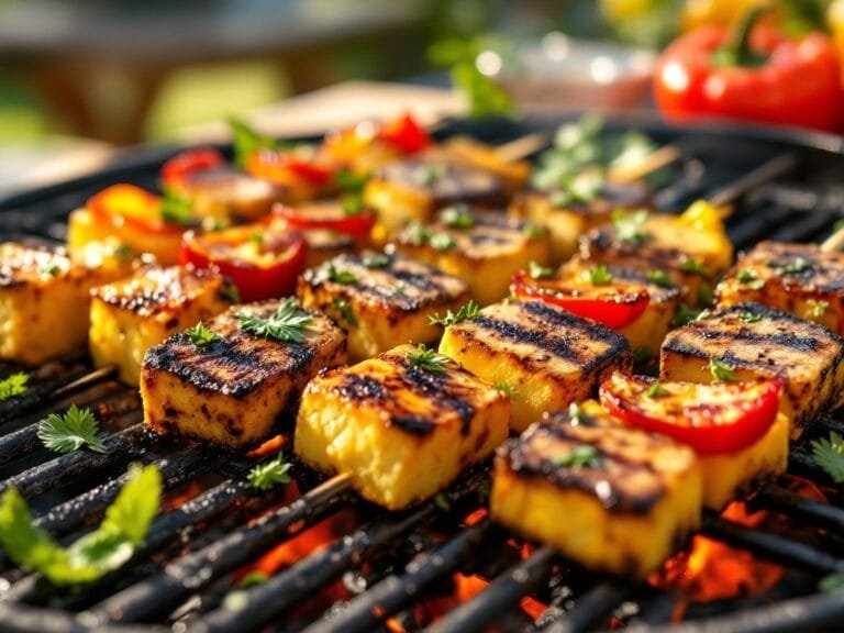 Grilled BBQ tofu and pineapple skewers
