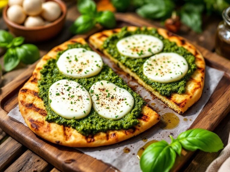 Grilled flatbread with pesto and mozzarella