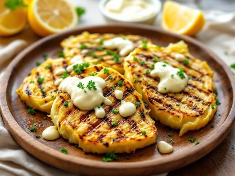 Grilled cabbage steaks with garlic aioli