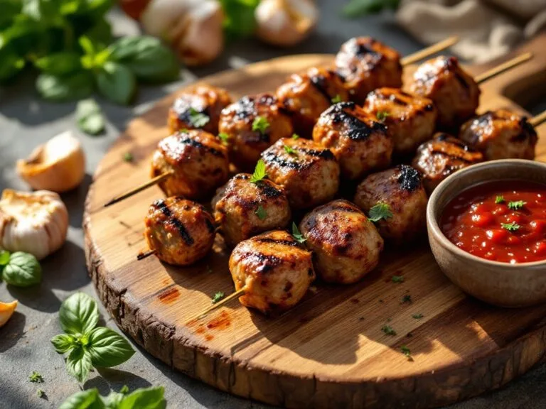 Grilled Meatball Skewers with Marinara Dip