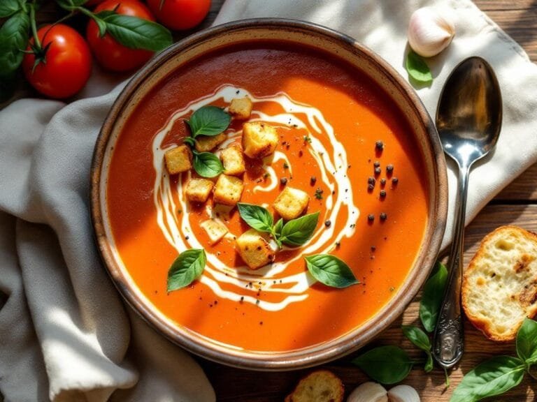 Creamy Roasted Tomato Basil Bisque with Garlic Croutons Recipe