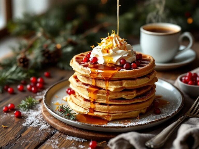 Holiday Eggnog Waffles with Warm Nutmeg Syrup Recipe