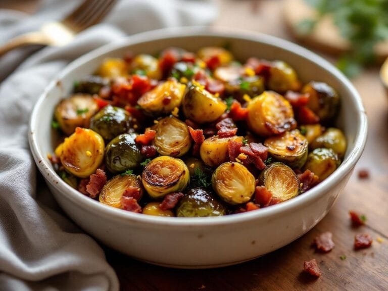 Sweet and Savory Honey Glazed Brussels Sprouts with Crispy Bacon Bits