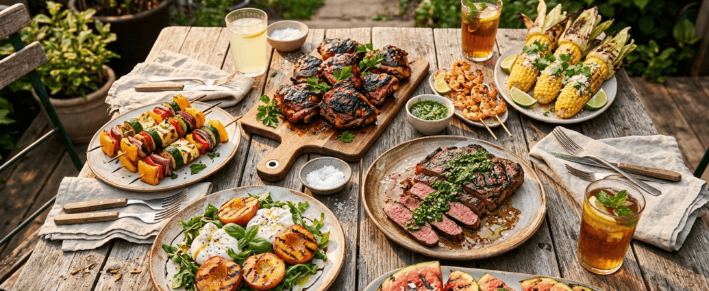 An overhead spread of grilled summer cookout dishes including BBQ chicken, steak, shrimp skewers, corn, and grilled peach salad