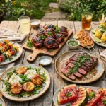 An overhead spread of grilled summer cookout dishes including BBQ chicken, steak, shrimp skewers, corn, and grilled peach salad