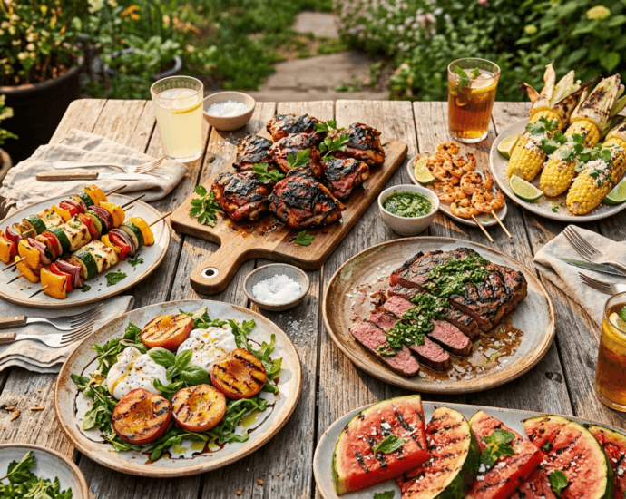 An overhead spread of grilled summer cookout dishes including BBQ chicken, steak, shrimp skewers, corn, and grilled peach salad