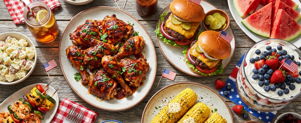 A festive overhead spread of 4th of July cookout food including grilled chicken, burgers, corn, watermelon, and a red white and blue berry trifle