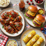 A festive overhead spread of 4th of July cookout food including grilled chicken, burgers, corn, watermelon, and a red white and blue berry trifle