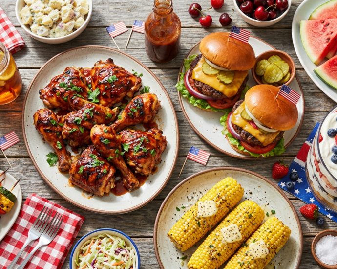 A festive overhead spread of 4th of July cookout food including grilled chicken, burgers, corn, watermelon, and a red white and blue berry trifle