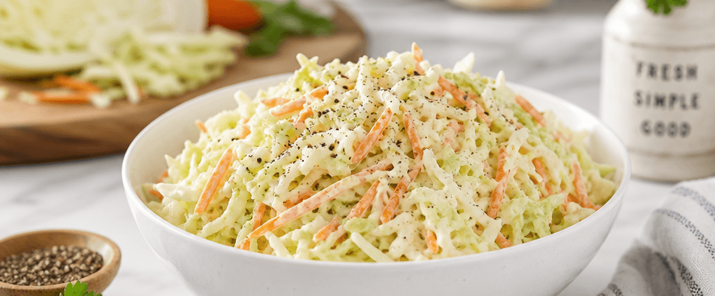 A white bowl of classic creamy coleslaw with shredded cabbage and carrots on a bright kitchen counter