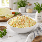 A white bowl of classic creamy coleslaw with shredded cabbage and carrots on a bright kitchen counter