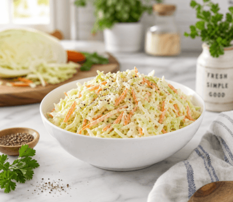 A white bowl of classic creamy coleslaw with shredded cabbage and carrots on a bright kitchen counter