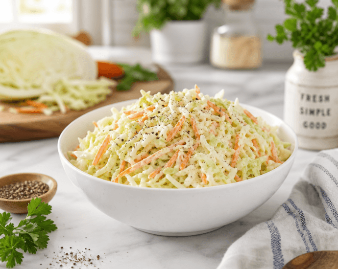 A white bowl of classic creamy coleslaw with shredded cabbage and carrots on a bright kitchen counter