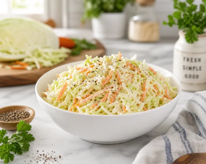 A white bowl of classic creamy coleslaw with shredded cabbage and carrots on a bright kitchen counter