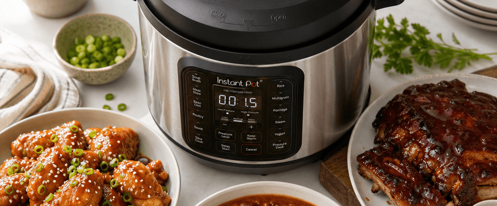 An Instant Pot surrounded by quick weeknight dishes on a bright kitchen counter