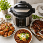 An Instant Pot surrounded by quick weeknight dishes on a bright kitchen counter