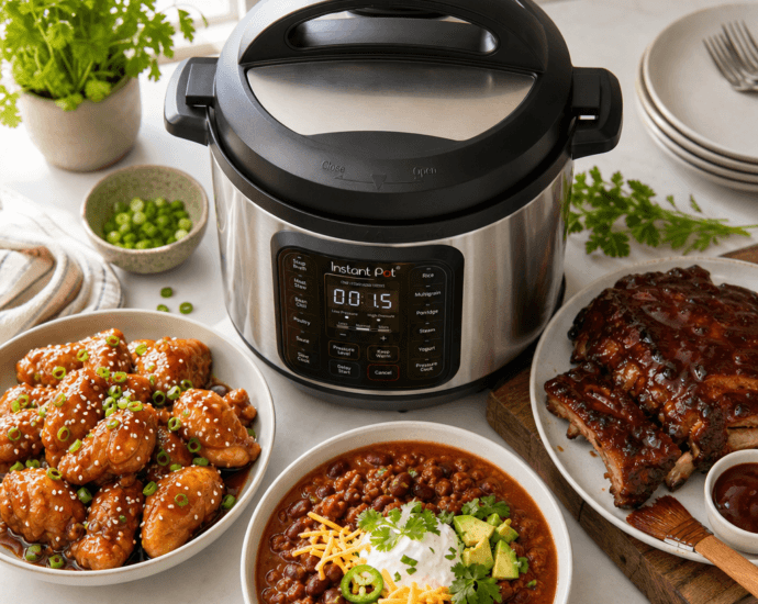 An Instant Pot surrounded by quick weeknight dishes on a bright kitchen counter
