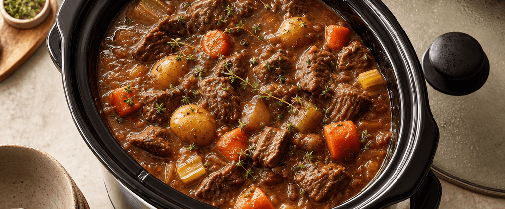 A slow cooker full of hearty beef stew with rustic bowls on a cozy kitchen counter