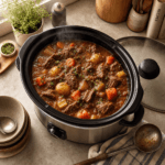 A slow cooker full of hearty beef stew with rustic bowls on a cozy kitchen counter
