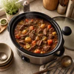 A slow cooker full of hearty beef stew with rustic bowls on a cozy kitchen counter