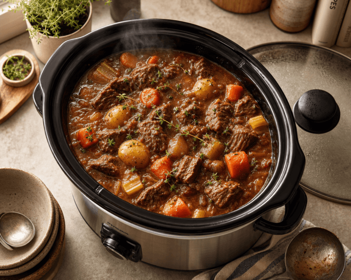 A slow cooker full of hearty beef stew with rustic bowls on a cozy kitchen counter