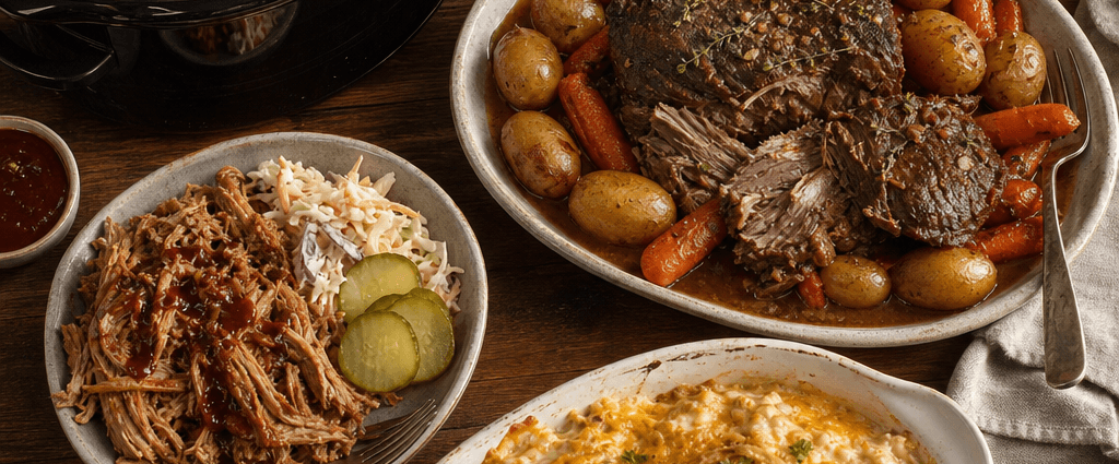 A rustic spread of comforting crockpot dinners on a warm wooden table
