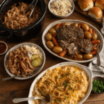A rustic spread of comforting crockpot dinners on a warm wooden table