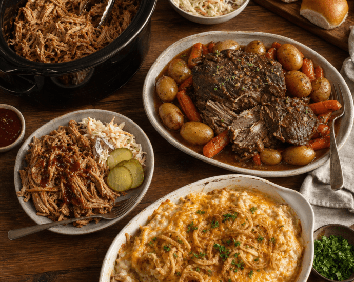 A rustic spread of comforting crockpot dinners on a warm wooden table
