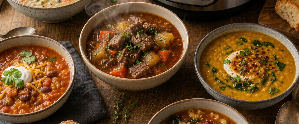 Bowls of hearty soups and stews arranged around an Instant Pot on a rustic table