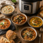 Bowls of hearty soups and stews arranged around an Instant Pot on a rustic table