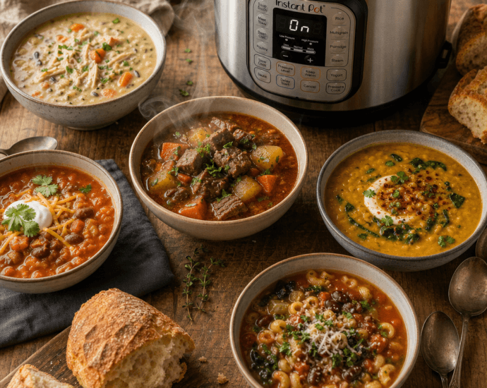 Bowls of hearty soups and stews arranged around an Instant Pot on a rustic table