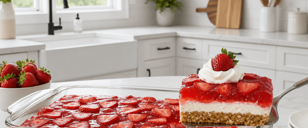 Strawberry Pretzel Salad with pretzel crust, cream cheese layer, and strawberry Jell-O topping in a glass dish