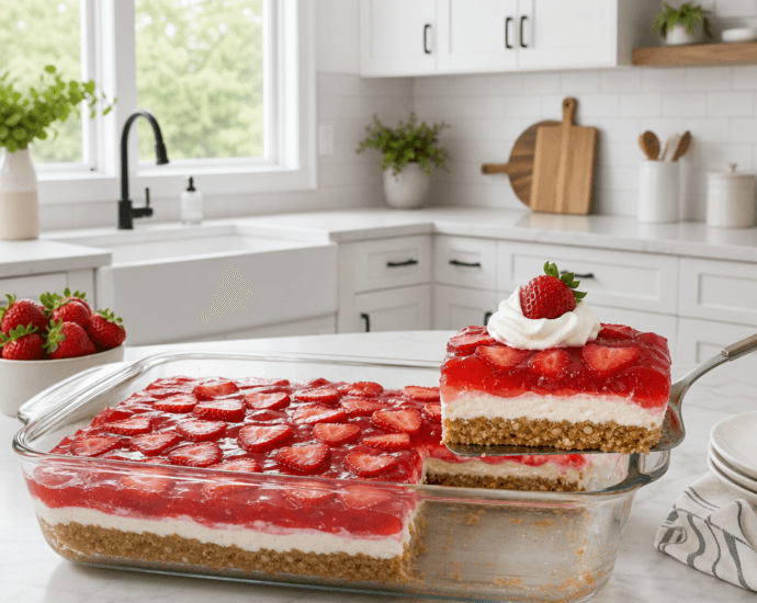 Strawberry Pretzel Salad with pretzel crust, cream cheese layer, and strawberry Jell-O topping in a glass dish