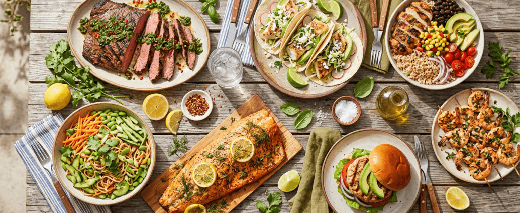 A bright overhead spread of easy summer dinner ideas including grilled steak, fish tacos, and a chicken rice bowl