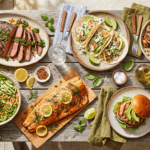 A bright overhead spread of easy summer dinner ideas including grilled steak, fish tacos, and a chicken rice bowl