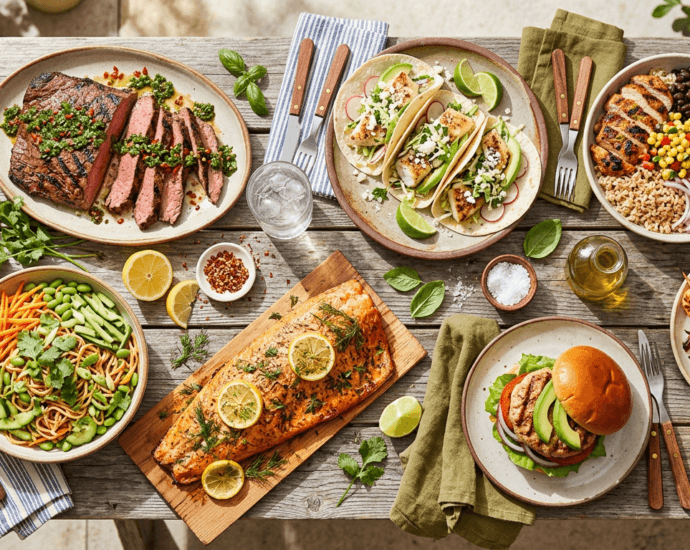 A bright overhead spread of easy summer dinner ideas including grilled steak, fish tacos, and a chicken rice bowl