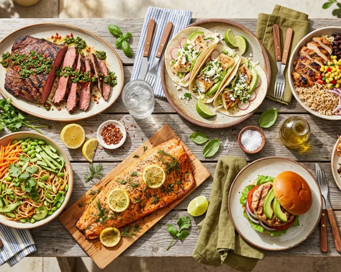 A bright overhead spread of easy summer dinner ideas including grilled steak, fish tacos, and a chicken rice bowl