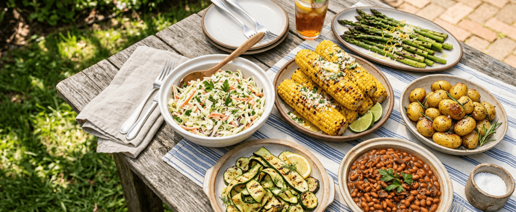 An overhead spread of summer side dishes including coleslaw, grilled corn, baked beans, and roasted potatoes